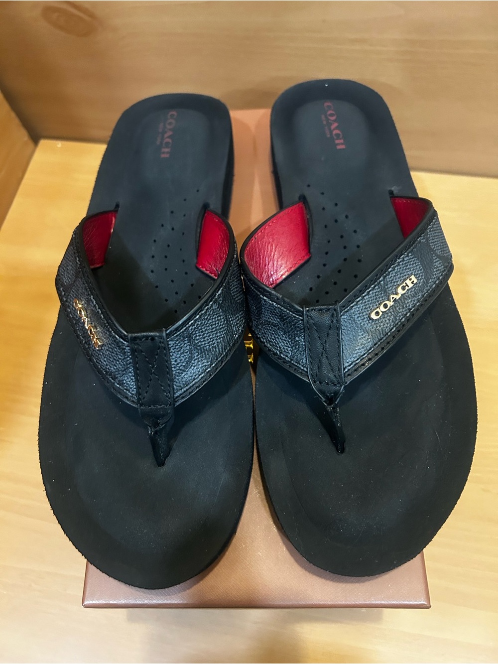 Coach Black Thong Sandals with Red Lining and Gold Logo